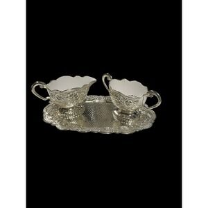 Vintage Silver Plated White Enamel Sugar And Creamer Set With Tray Japan